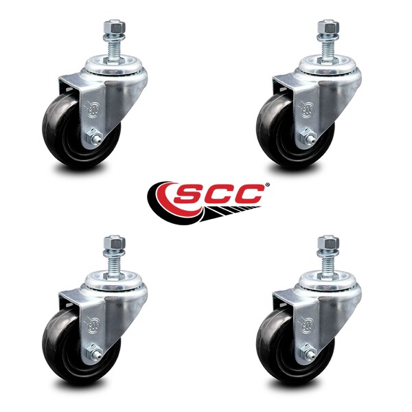 3 Inch Hard Rubber Wheel Swivel 10mm Threaded Stem Caster Set